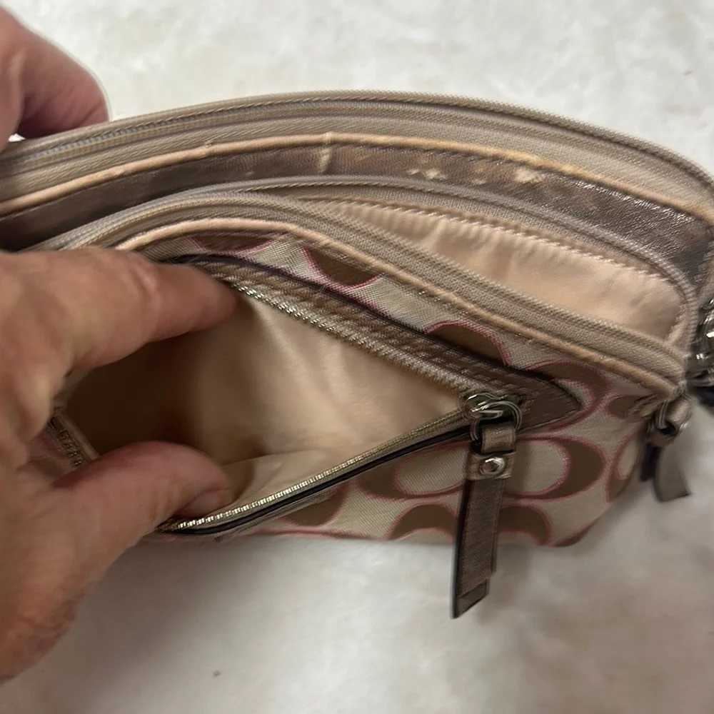 Coach Tan and Pink Signature Wristlet Clutch